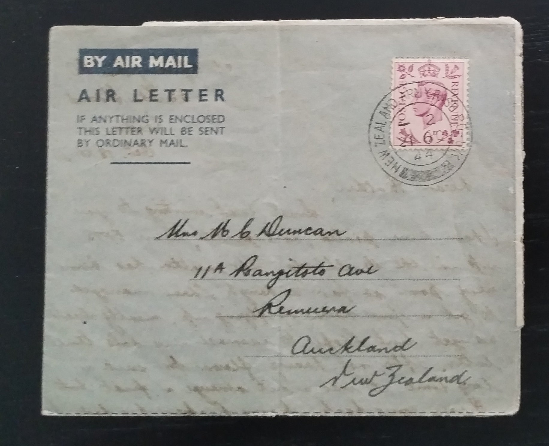 Aerogram na Nový Zéland Jiří VI. 1944