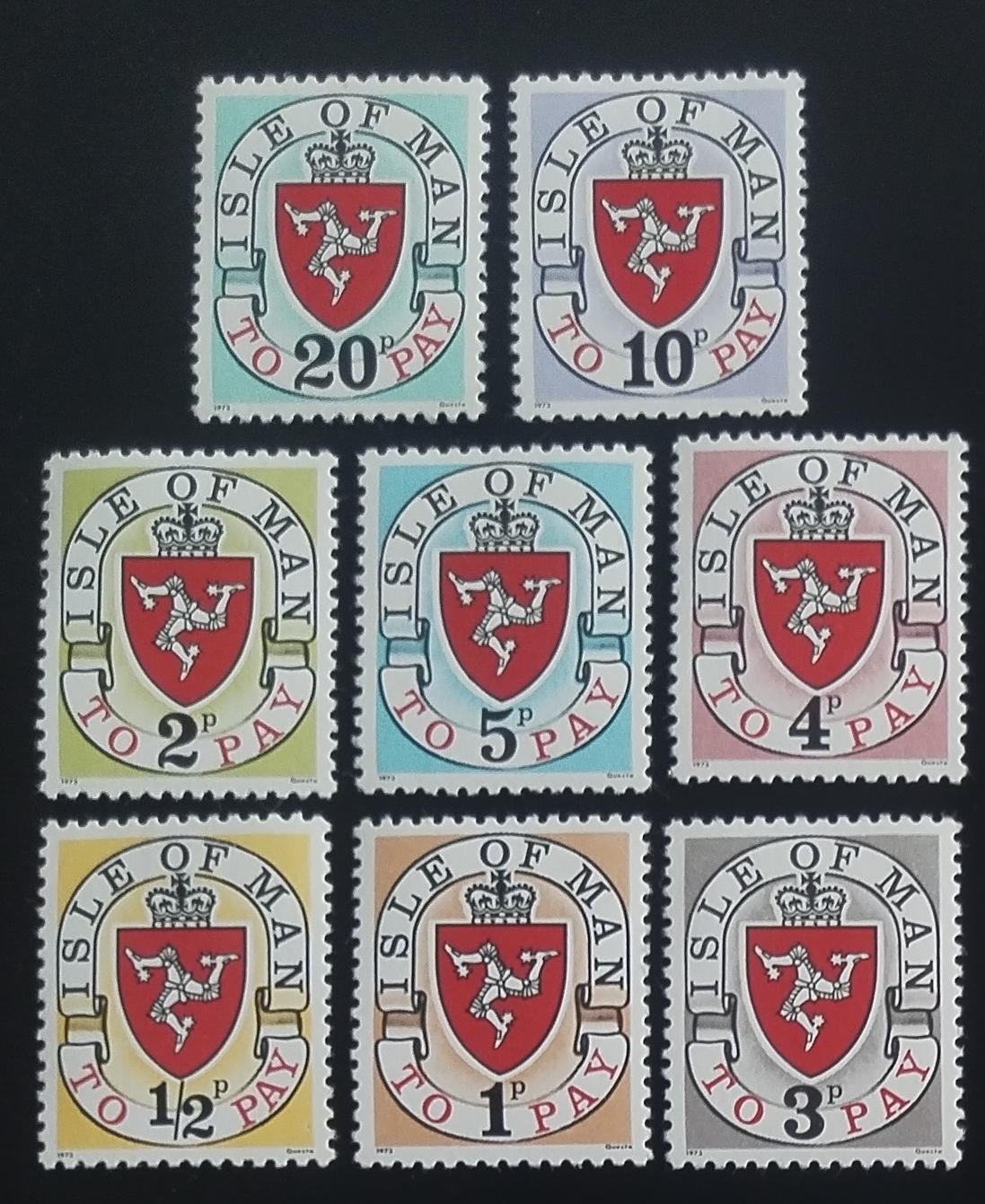 Isle of Man 1973 Postage Stamps, Coat of Arms - "no A"