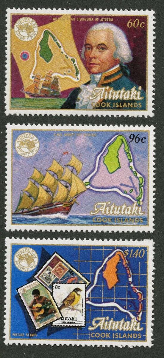 Aitutaki 1984 Mi.537-9 15€ Výstava AUSIPEX, lodě a mapy, známky