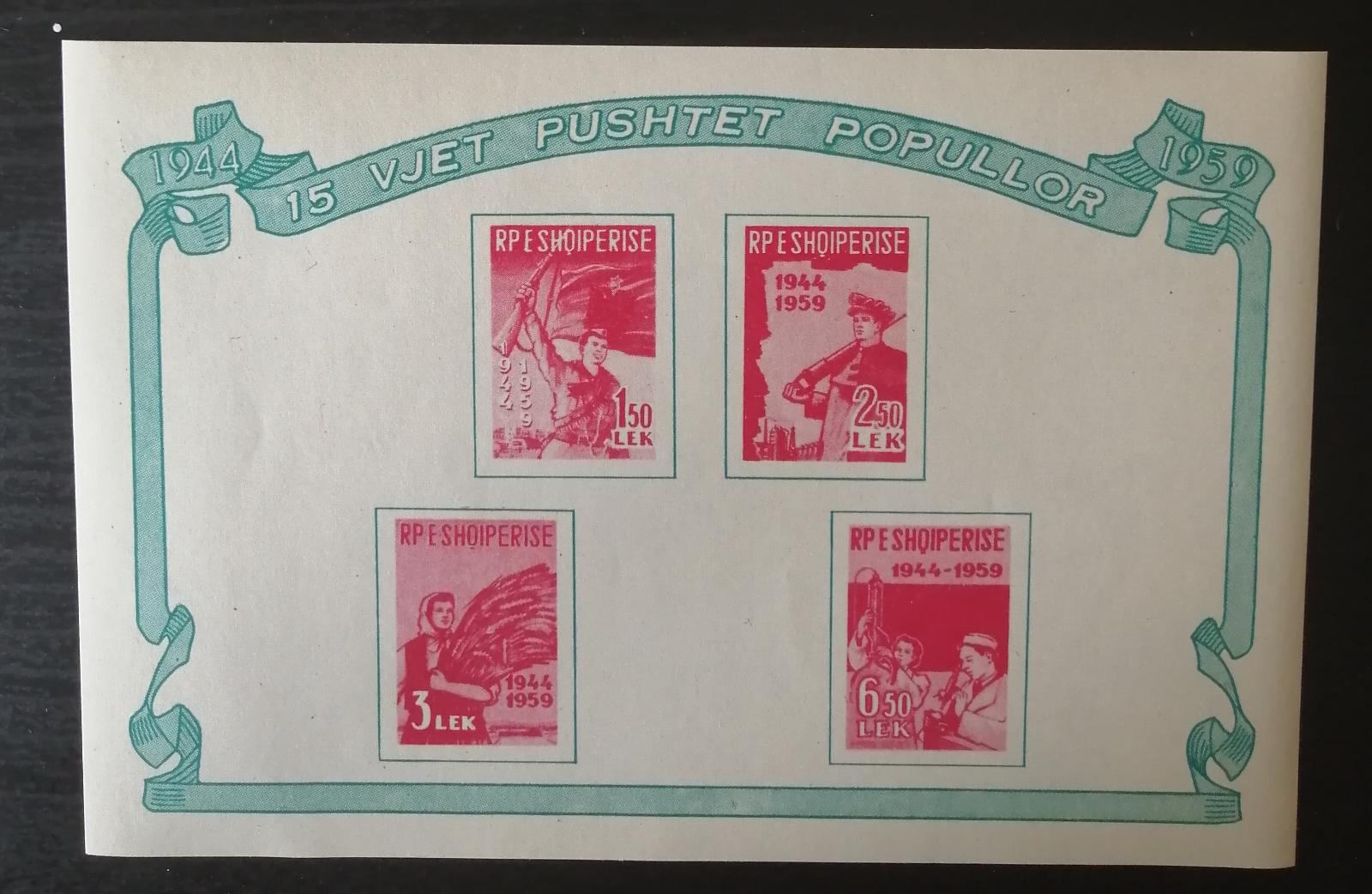Albánie 1959 Bl.5 10€ 15 let osvobození, vlajky, vojáci, zemědělci