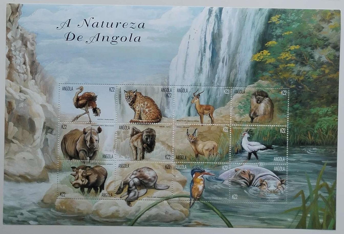 Angola 2000 13€ Africká fauna a zvířata Pštrosy, Ledňáčci opice, Ptáci