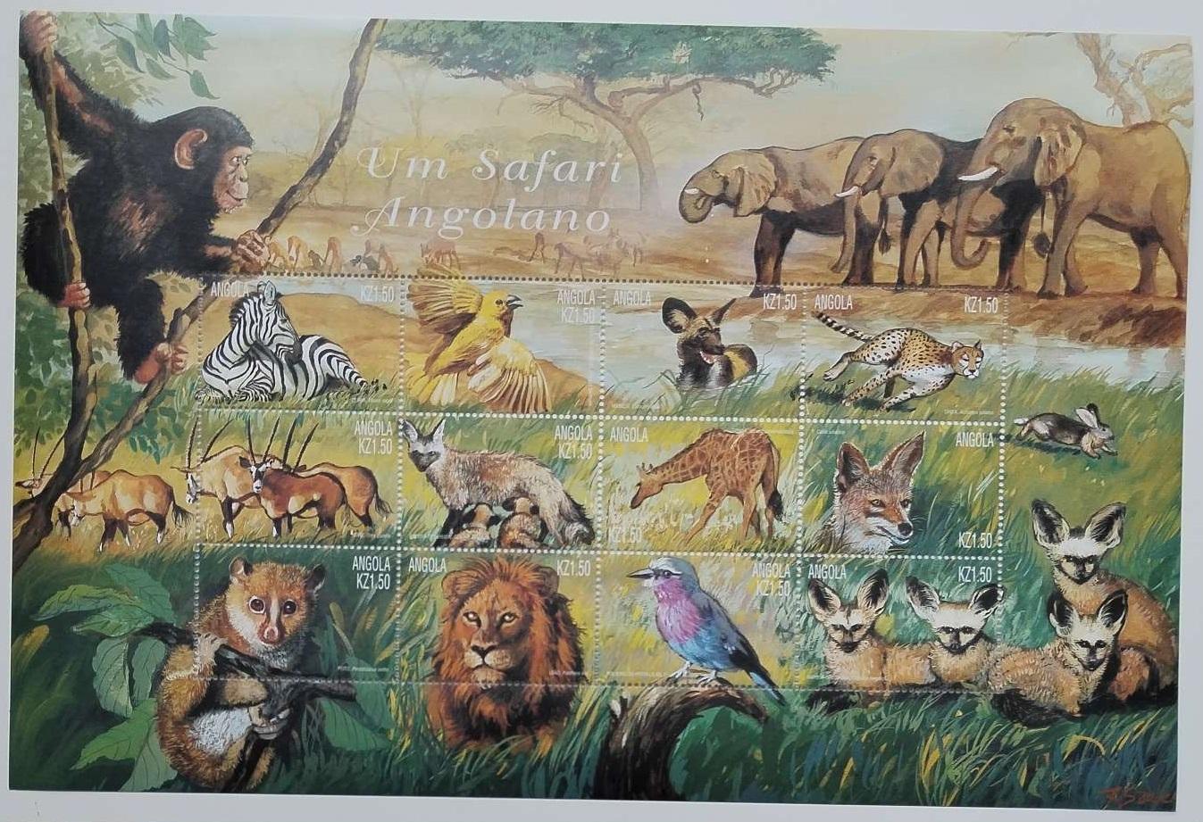 Angola 2000 9€ Africká fauna a zvířata, Lvi, Sloni a opice, Ptáci