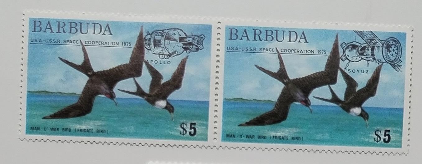 Barbuda 1975 16€ Přetisky vesmírné spolupráce SSSR+USA, ptáci