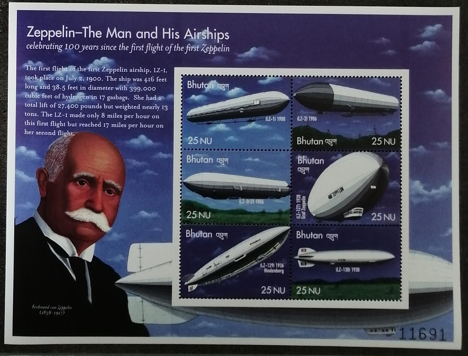 Bhútán 2000 8€ Století zepélinů, Vzducholodě a Graf von Zeppelin