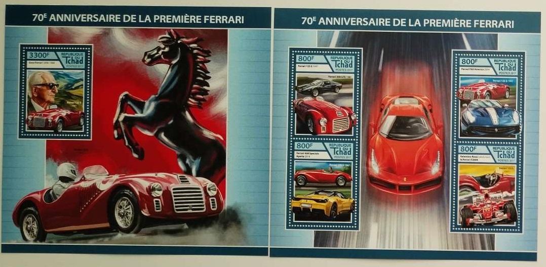 Čad 2017 25,8€ 70 let prvního auta Ferrari, Enzo Ferrari a vozidla