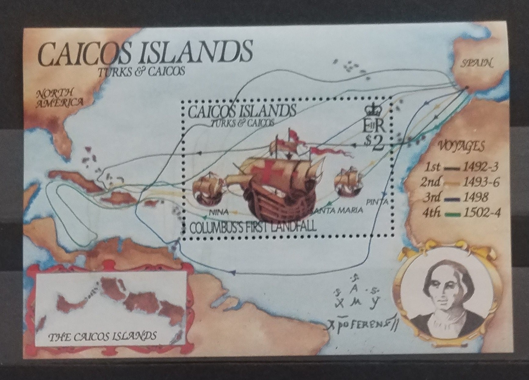 Caicos ostrovy 1991 Kolumbus a lodě (skvrny)