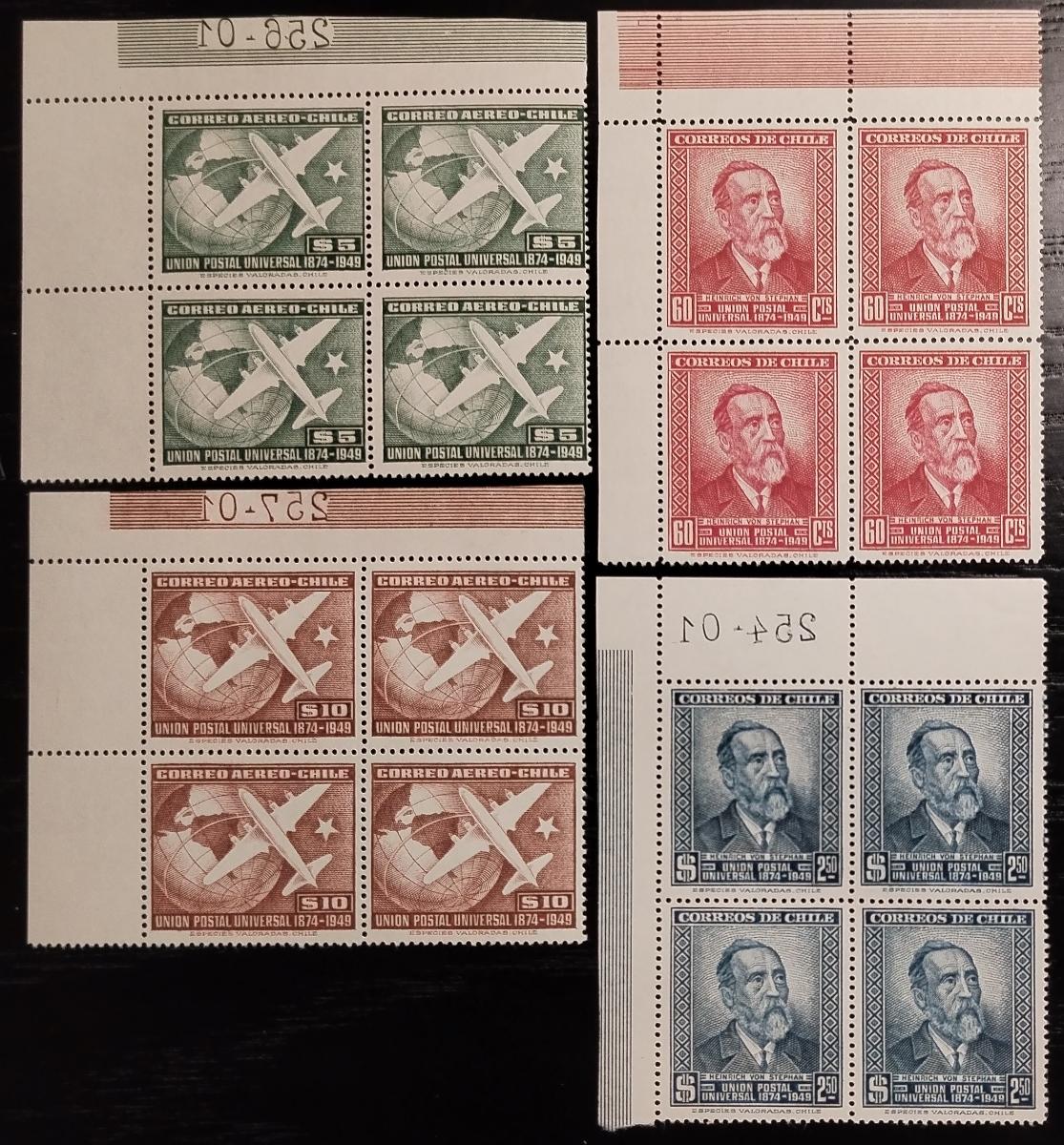 Chile 1950 Výročí Světové poštovní unie, UPU (1949) ČTYŘBLOKY