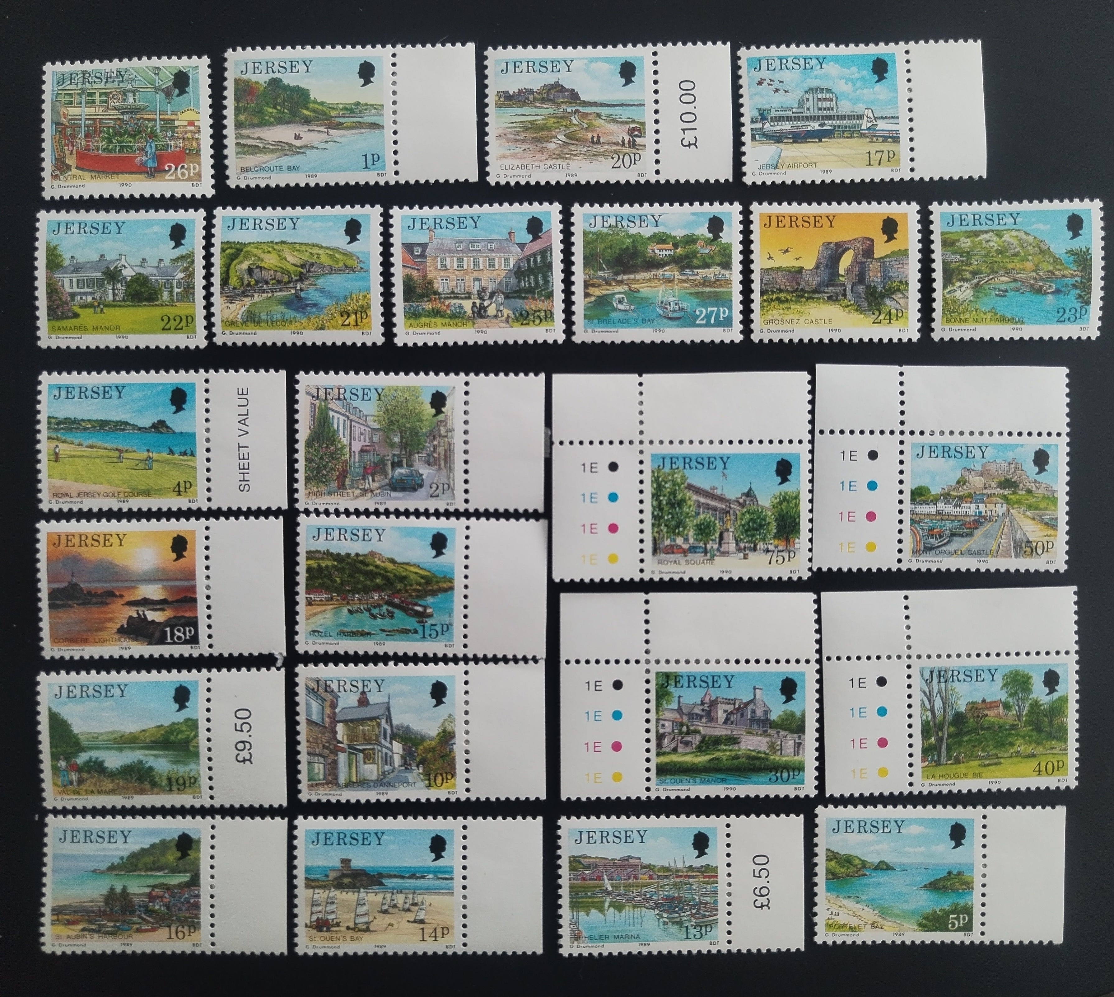 Jersey 1989 Definitiva s dotisky - ostrovní panoramata