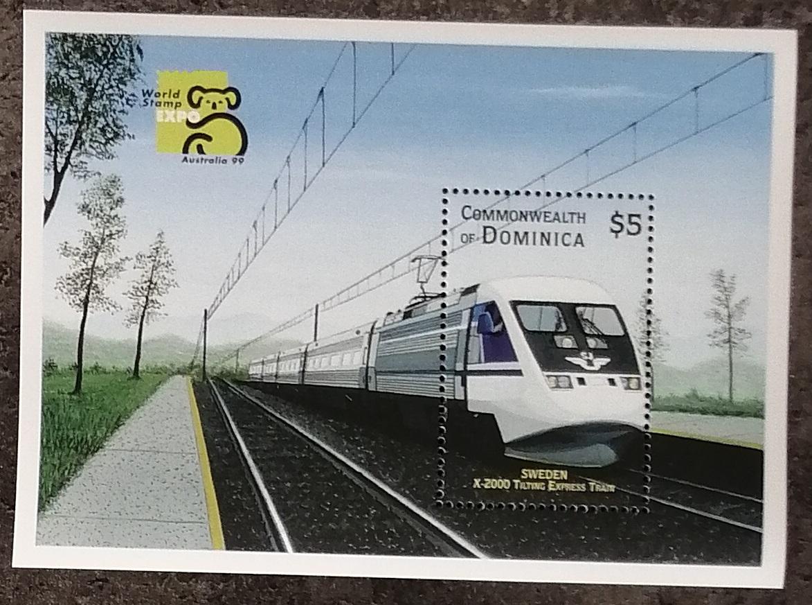 Dominika 1999 Bl.374 5€ Výstava AUSTRALIA, Švédské lokomotivy, Vlaky
