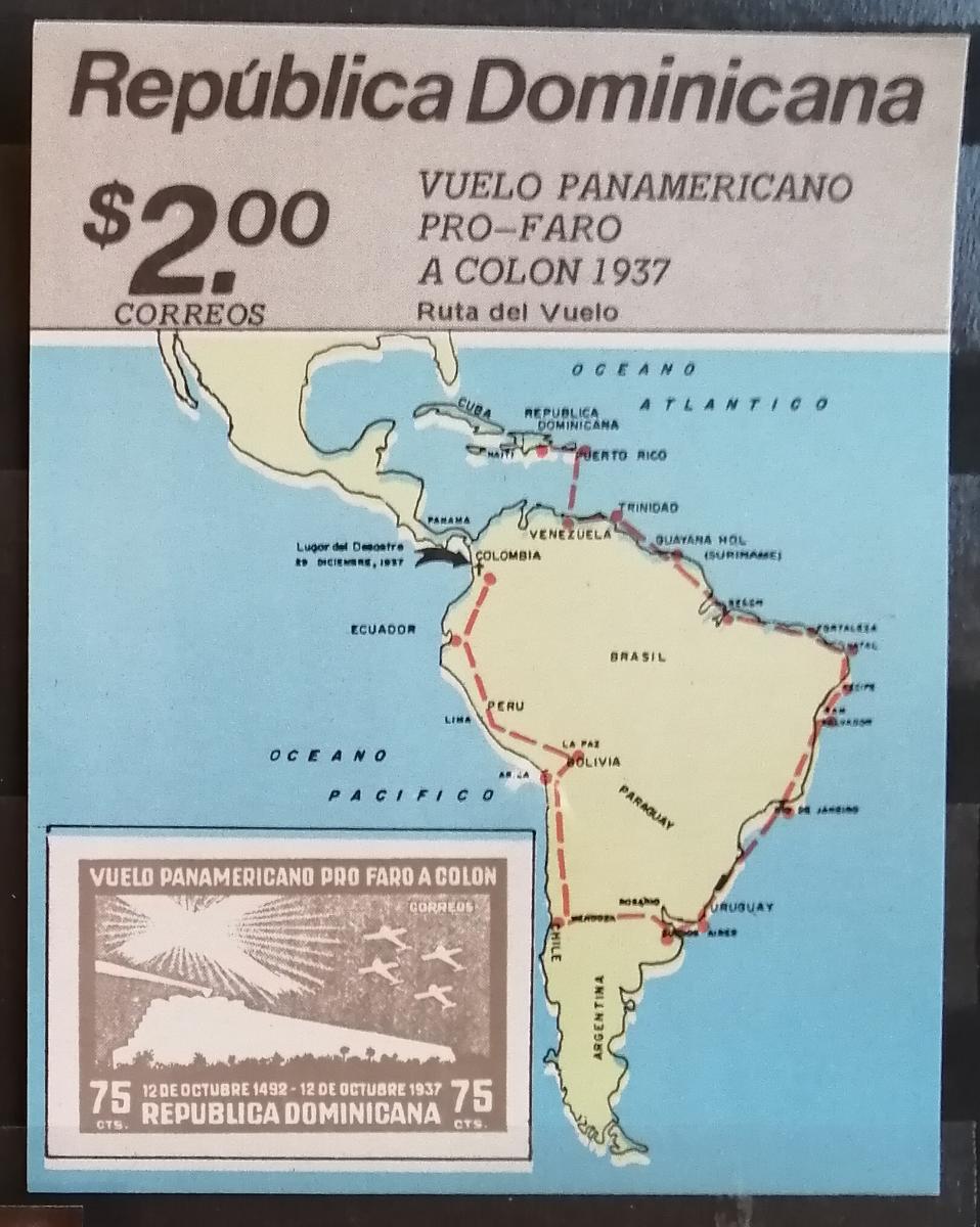 Dominikánská rep. Bl.42 8,5€ Mapa Ameriky s vyznačením letů