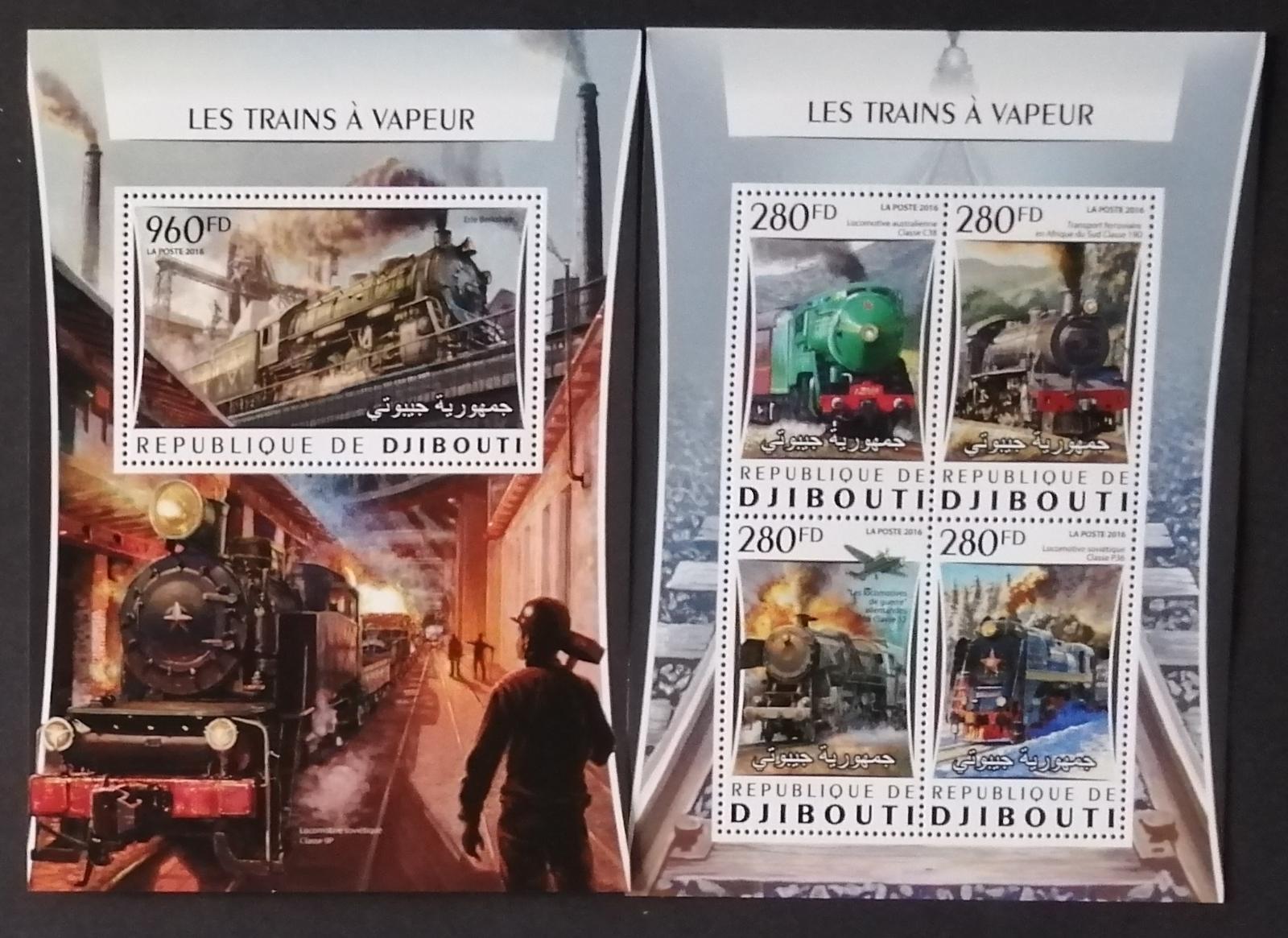 Džibutsko 2016 Mi.1064-7+Bl.216 24€ Parní vlaky a lokomotivy