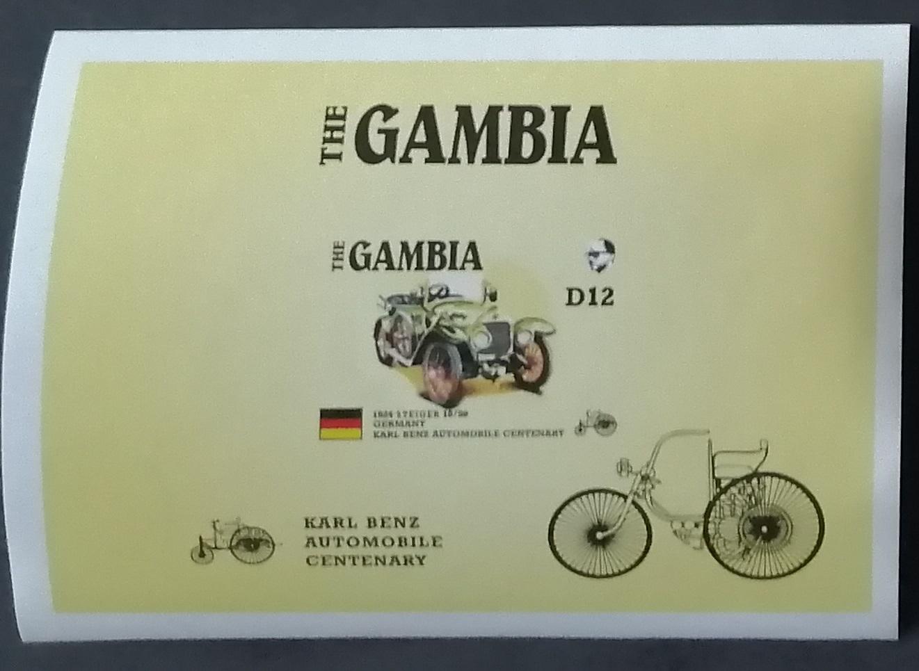 Gambie 1986 Bl.25 11€ Století automobilů, Auta Steiger, Veterány