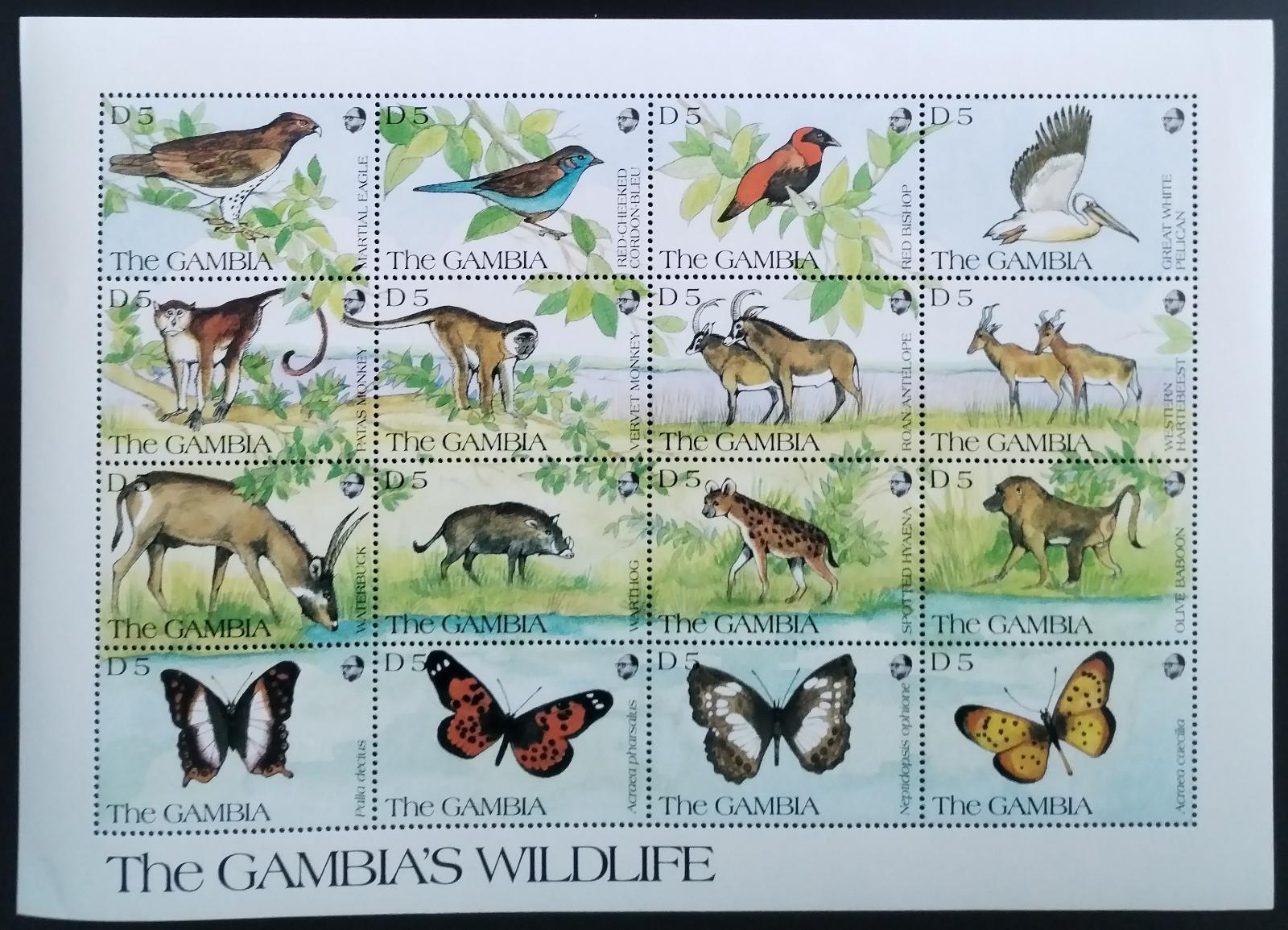 Gambie 1991 Africká fauna - Motýli, Ptáci, Opice a antilopy