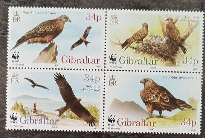 Gibraltar 1996 9€ WWF, Luňák červený, Draví ptáci a fauna