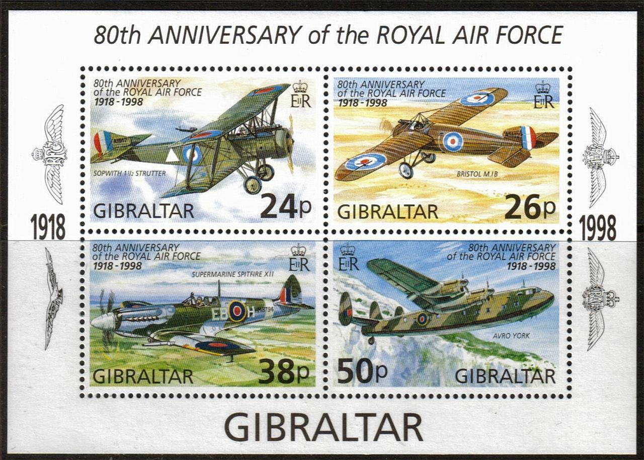 Gibraltar 1998 Mi.826-9 Bl. 33 6€ 80 let RAF, válečná letadla, doprava