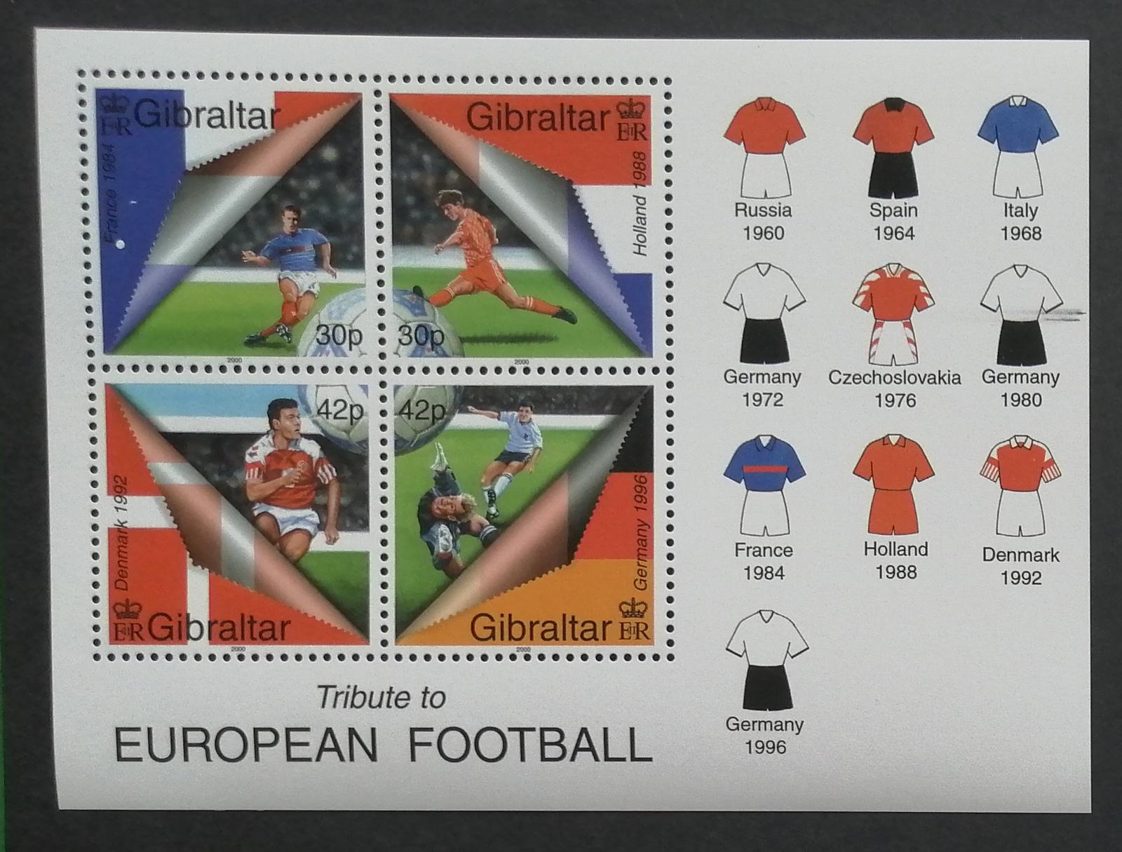 Gibraltar 2000 Bl.40 7€ Pocta evropskému fotbalu, vlajky, sport