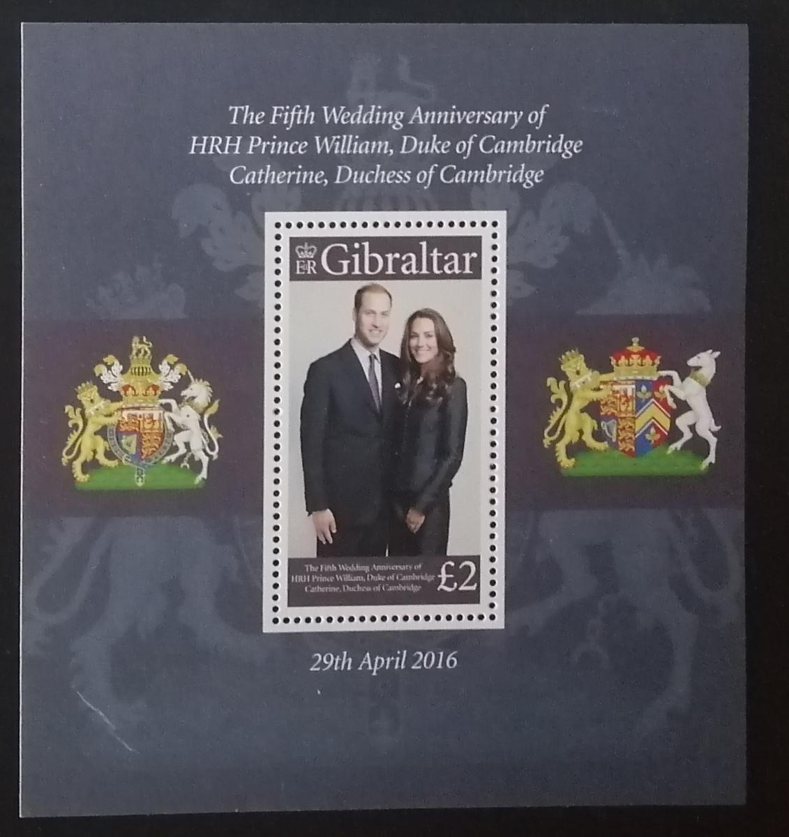 Gibraltar 2016 Bl.125 5,5€ 5. výročí svatby Kate a Williama
