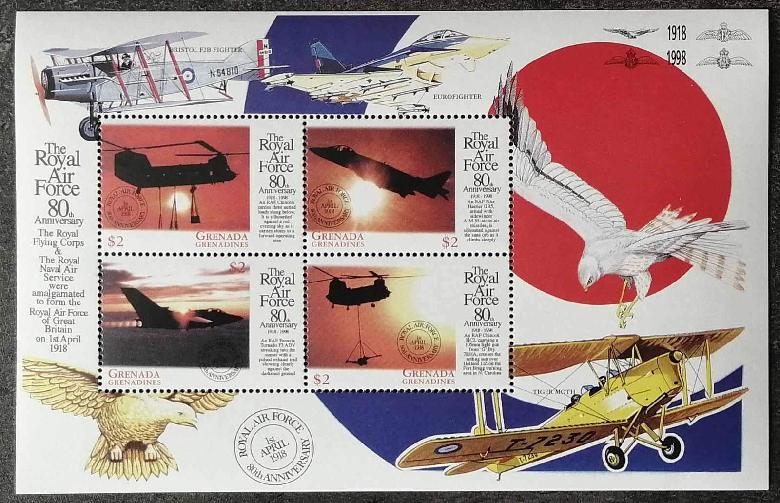 Grenadiny & Grenada 1998 10€ 80 let RAF, Stíhačky a letadla, Ptáci