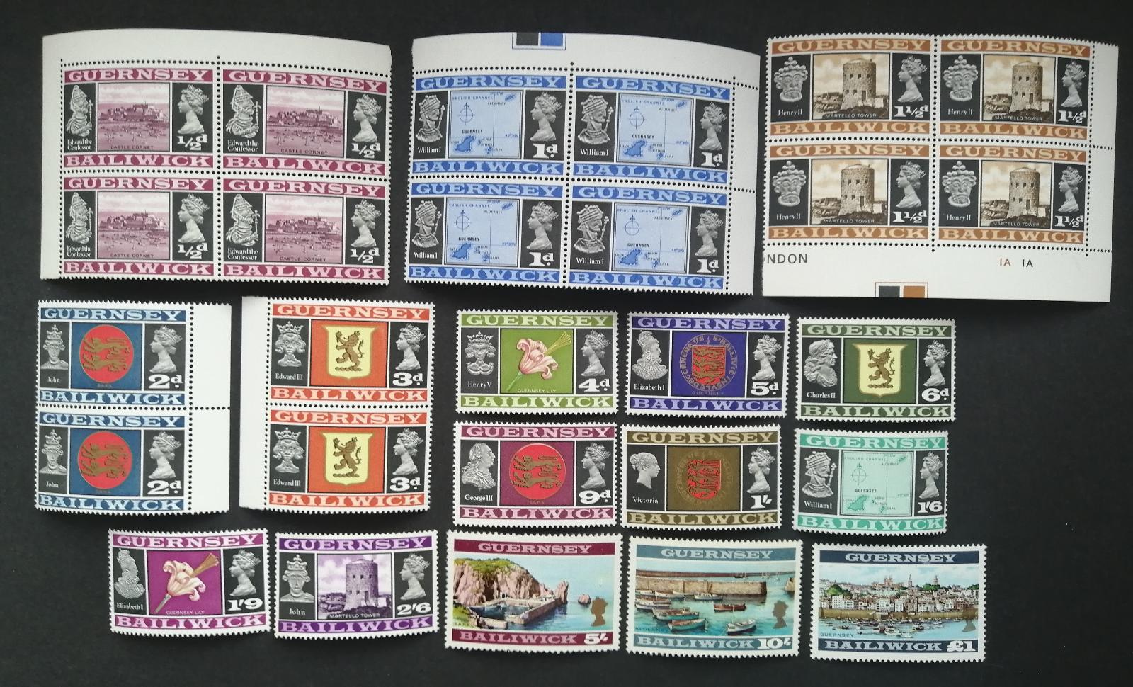 Guernsey 1969 +50€ Komplet predecimální definitivy ostrova + ČTYŘBLOKY
