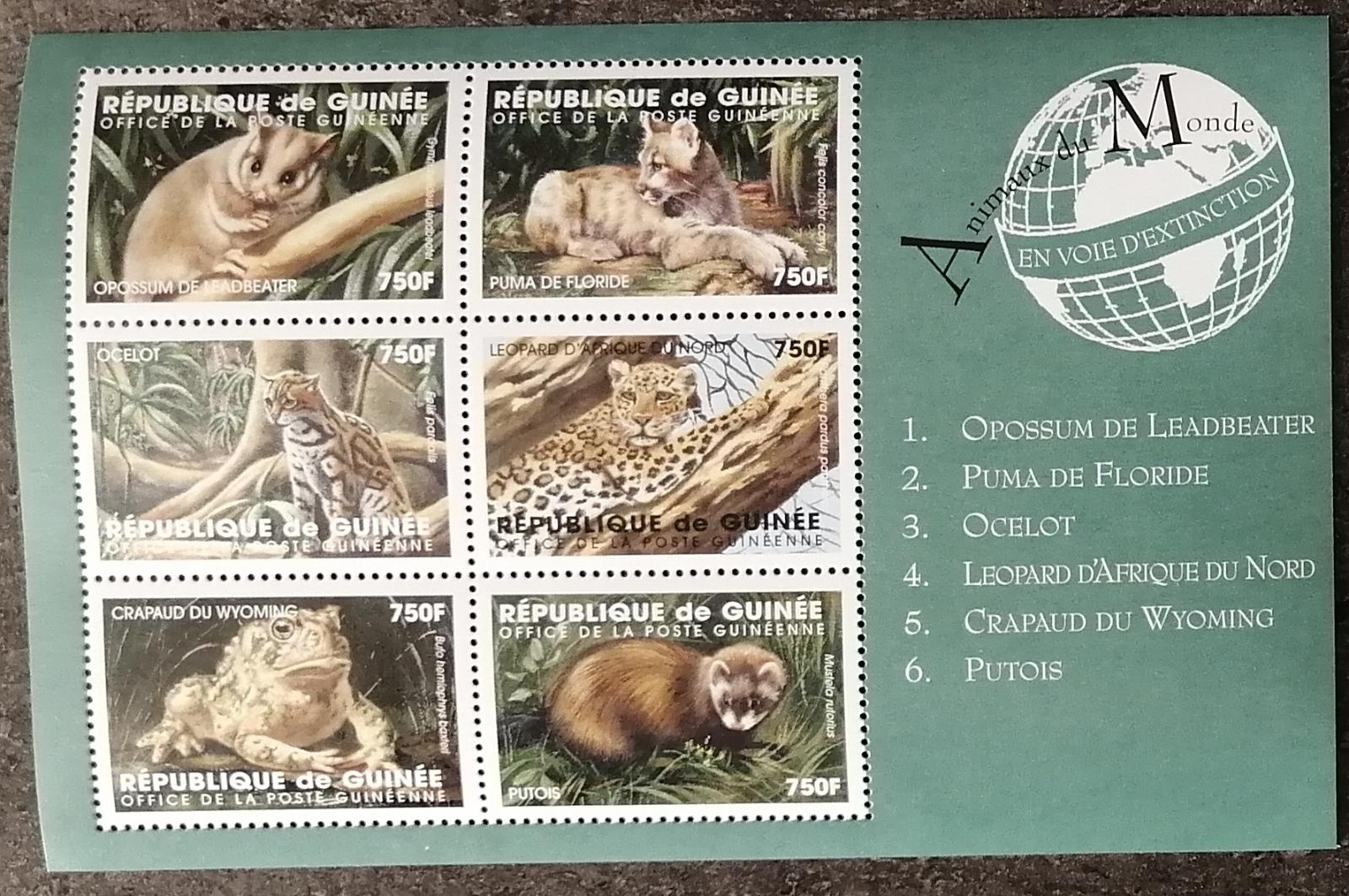Guinea 1998 23€ Ohrožené druhy zvířat, Velké kočky, Opice, Žáby