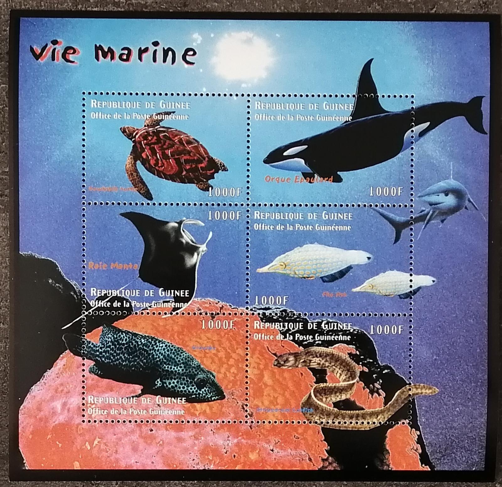 Guinea 2001 25€ Mořská fauna a podvodní svět, Velryby a želvy, Murény