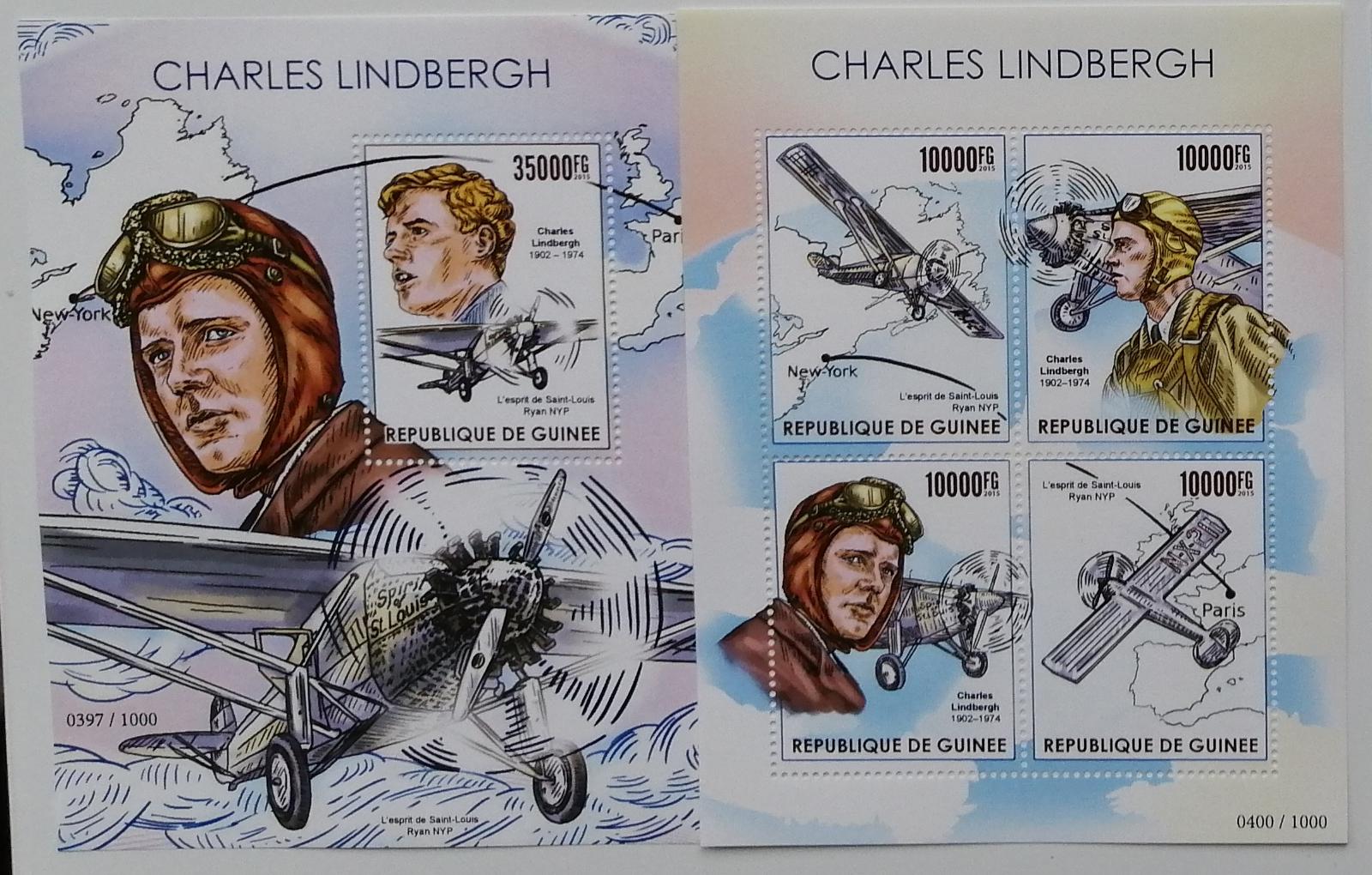 Guinea 2015 Mi.11338-1+Bl.2564 30€ Ch. Lindbergh, pilot a letadla