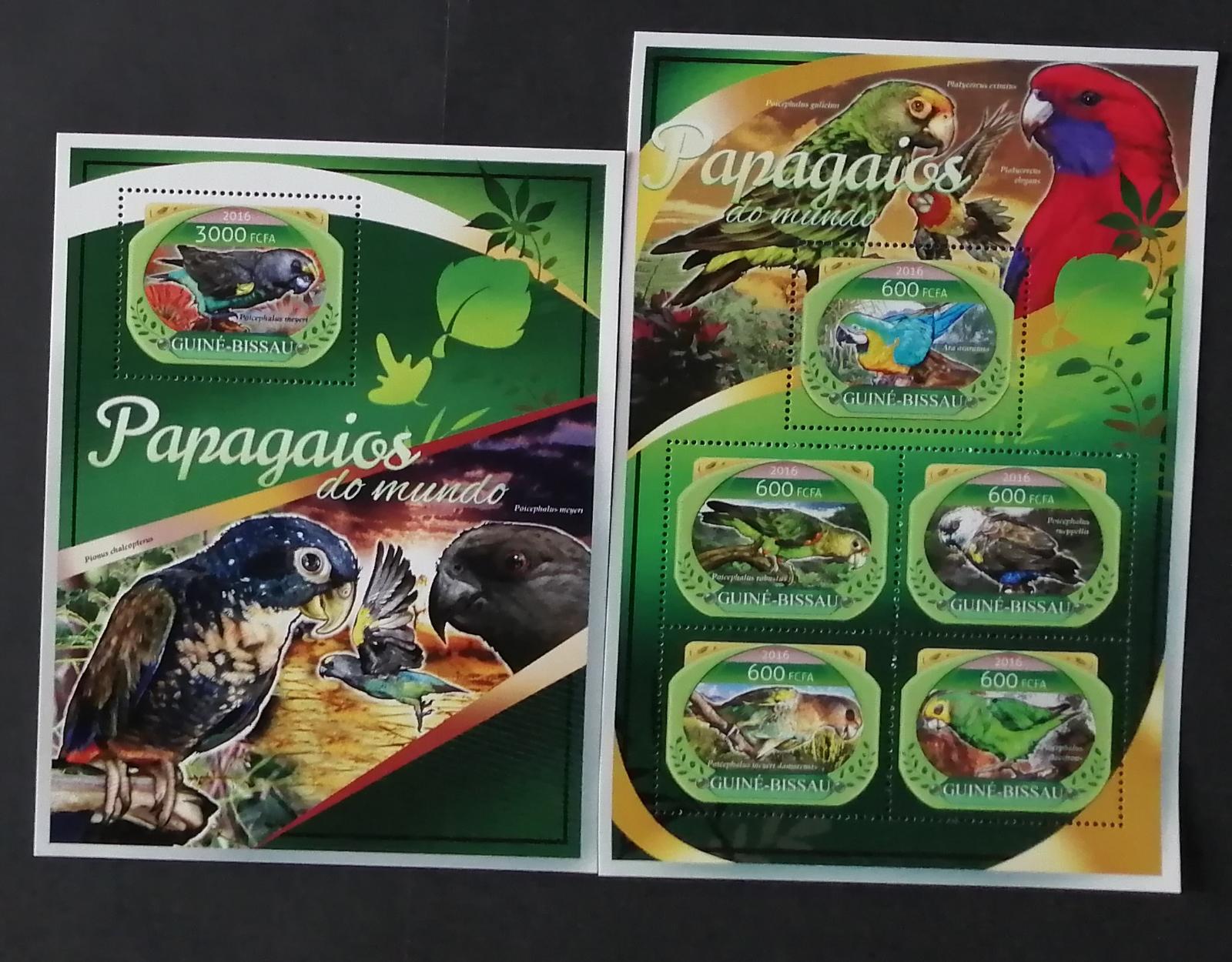 Guinea Bissau 2016 Mi.8931-5+Bl.1544 22€ Tropičtí ptáci, papoušci