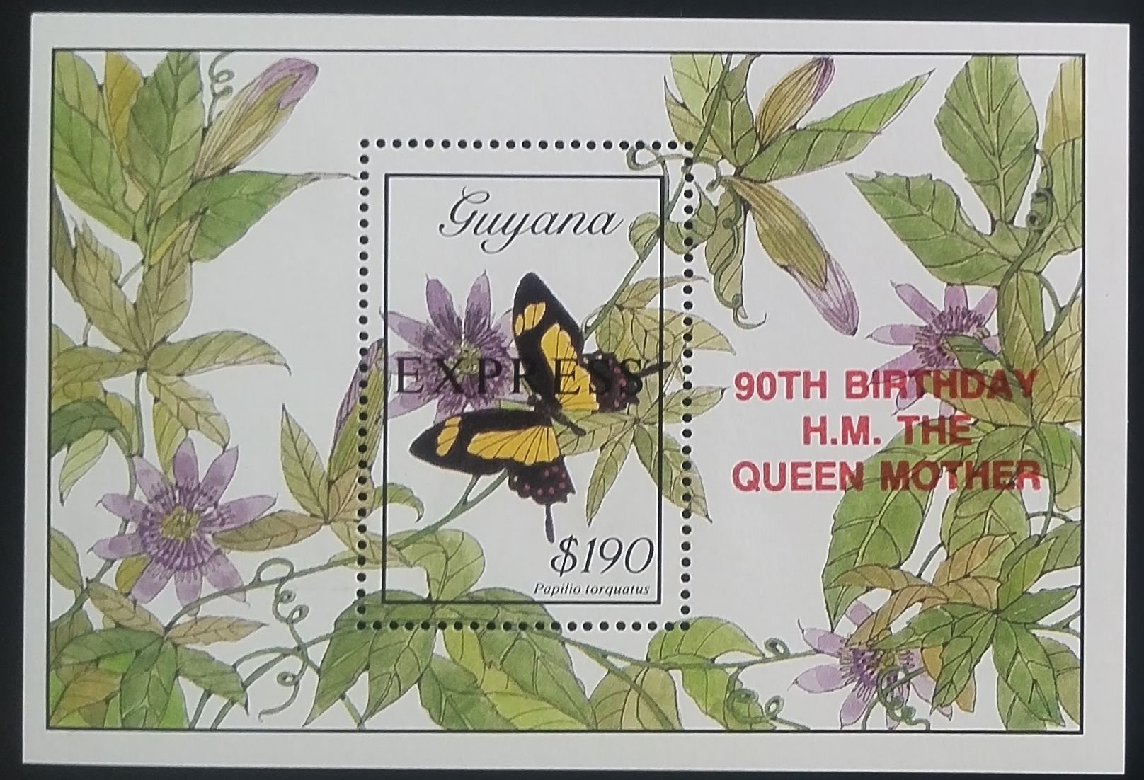 Guyana 1990 Červený přítisk narozenin královny matky, Motýli a hmyz I.