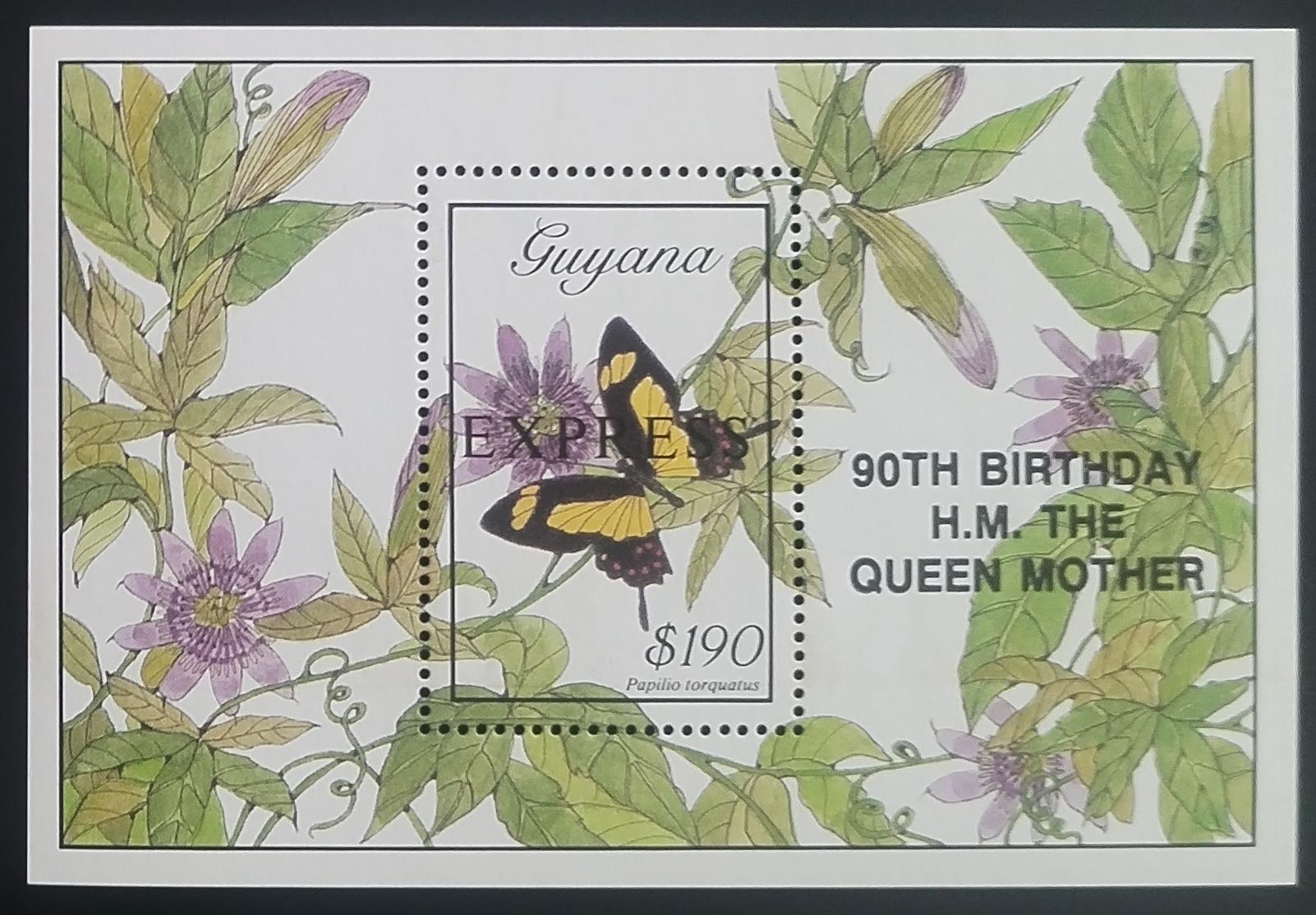 Guyana 1990 Přítisk narozenin královny matky, Motýli a květiny I.