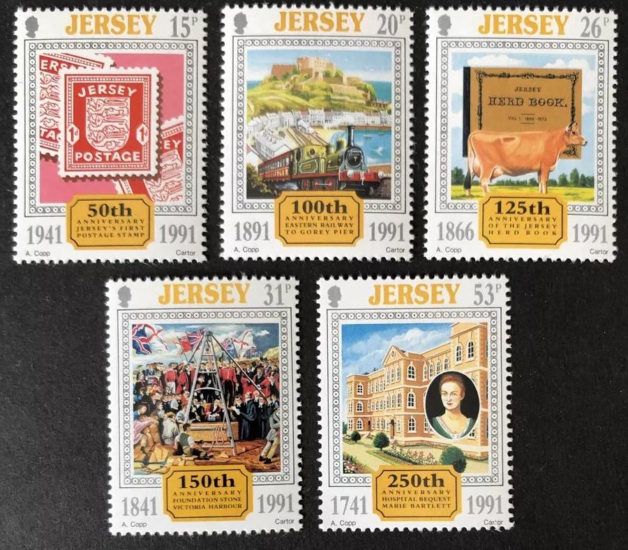 Jersey 1991 5,5€ Různá výročí - Známky, Vlaky, Krávy a bitvy