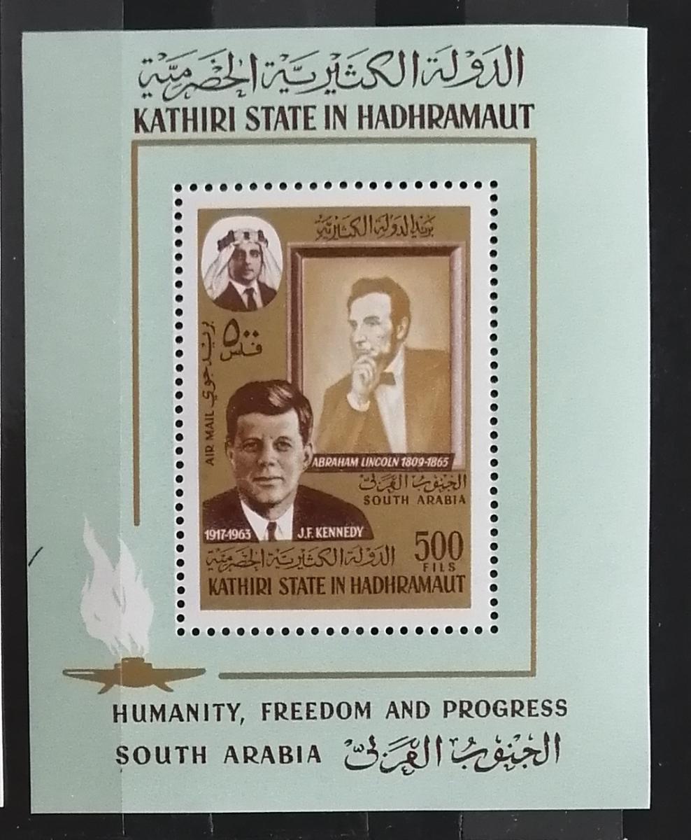 Kasírský stát Seiyun 1967 Bl.14A 12€ J. F. Kennedy a A. Lincoln