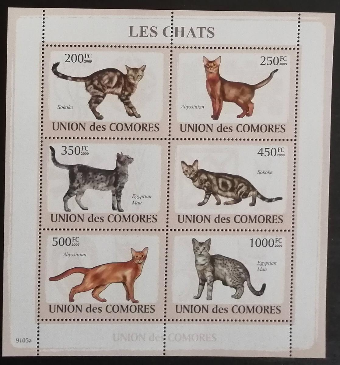 Komory 2009 Mi.2205-10 14€ - Domácí kočky a jejich druhy, fauna