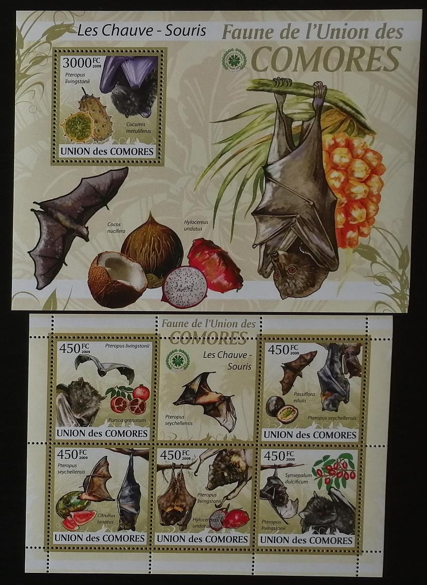 Komory 2009 Mi.2455-9+Bl.530 28€ Fauna ostrovů, netopýři, ovoce