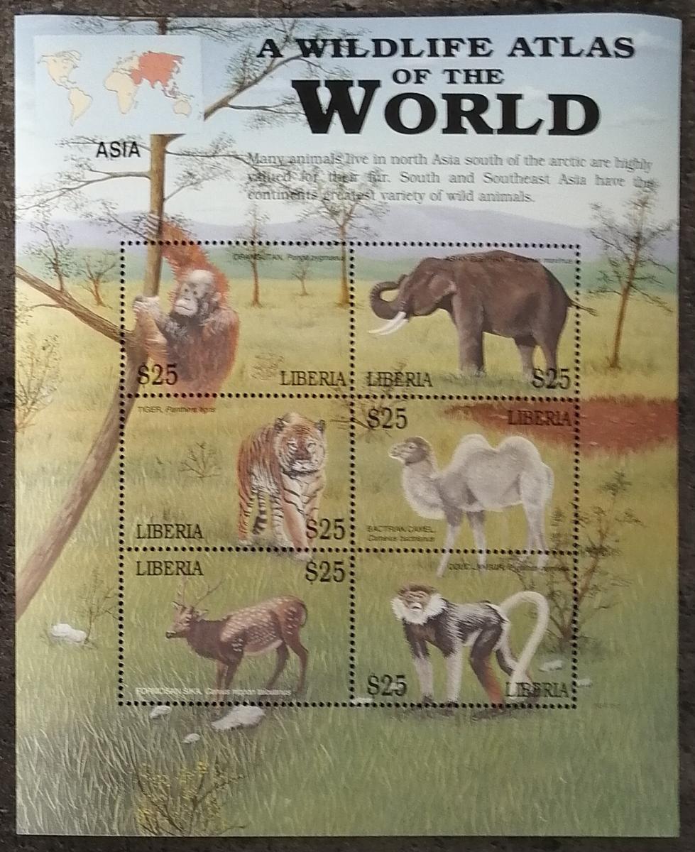 Libérie 2001 8,5€ Fauna Asie a Indie, Sloni, Opice a velbloudi, Tygři