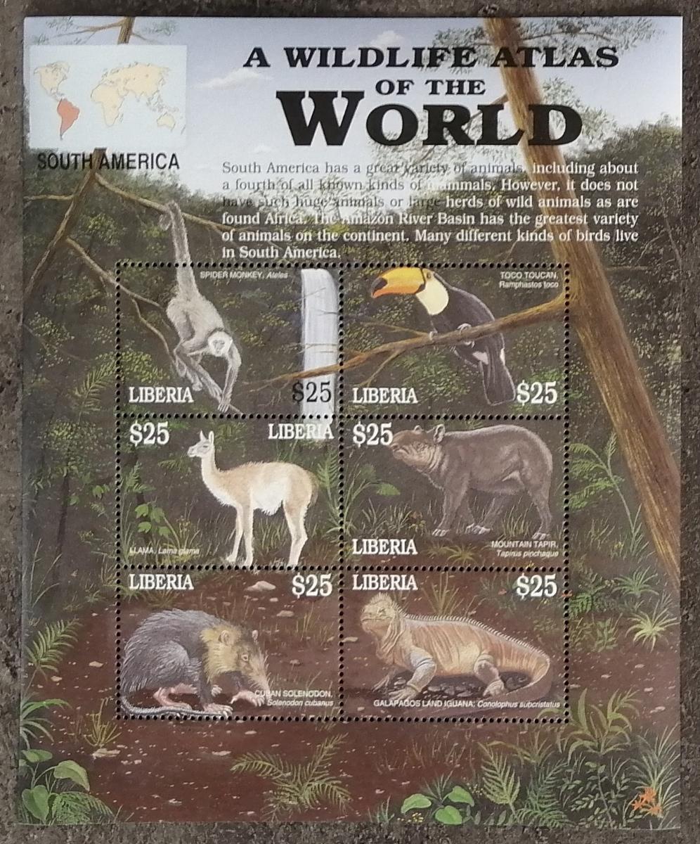 Libérie 2001 8,5€ Fauna Jižní Ameriky, Tukani, Lamy, Opice a plazi