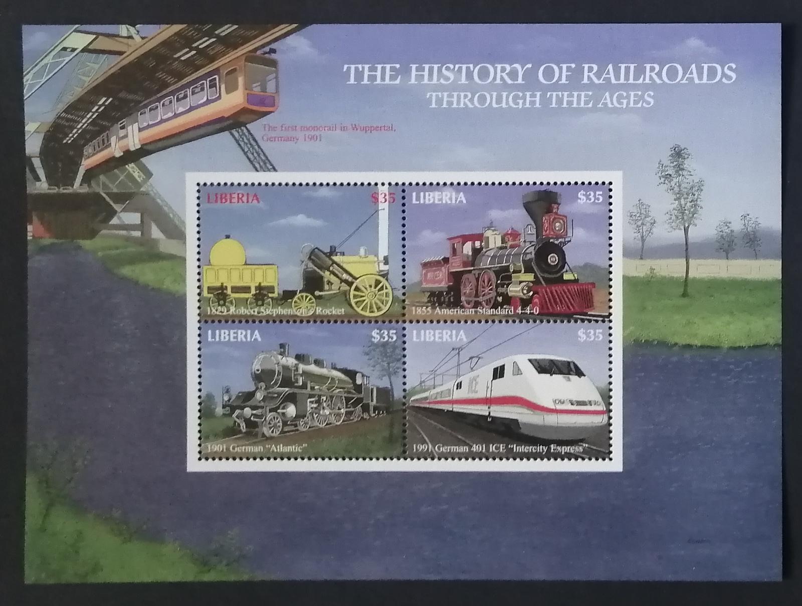 Libérie 2001 Mi.3936-9 10€ Parní lokomotivy a vlaky historie