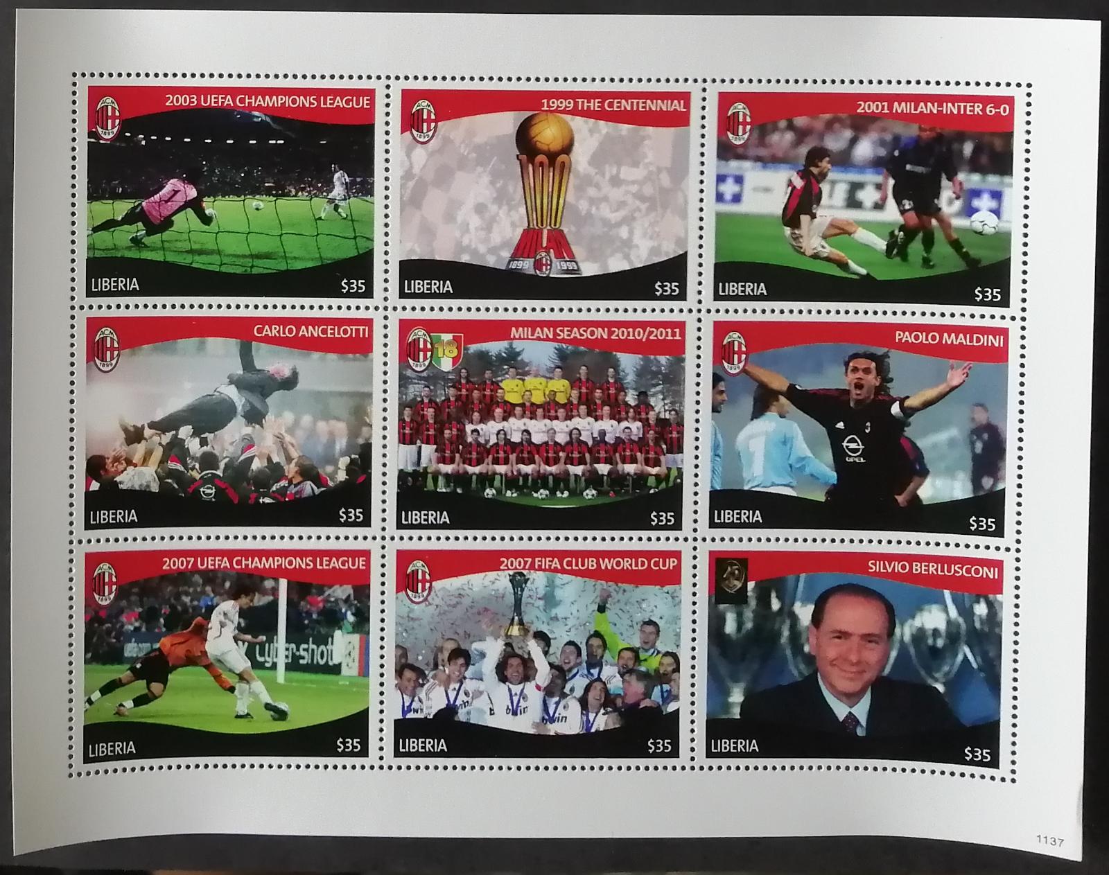 Libérie 2011 Mi.5912-0 9€ Fotbalový klub AC Milán, fotbal a sport
