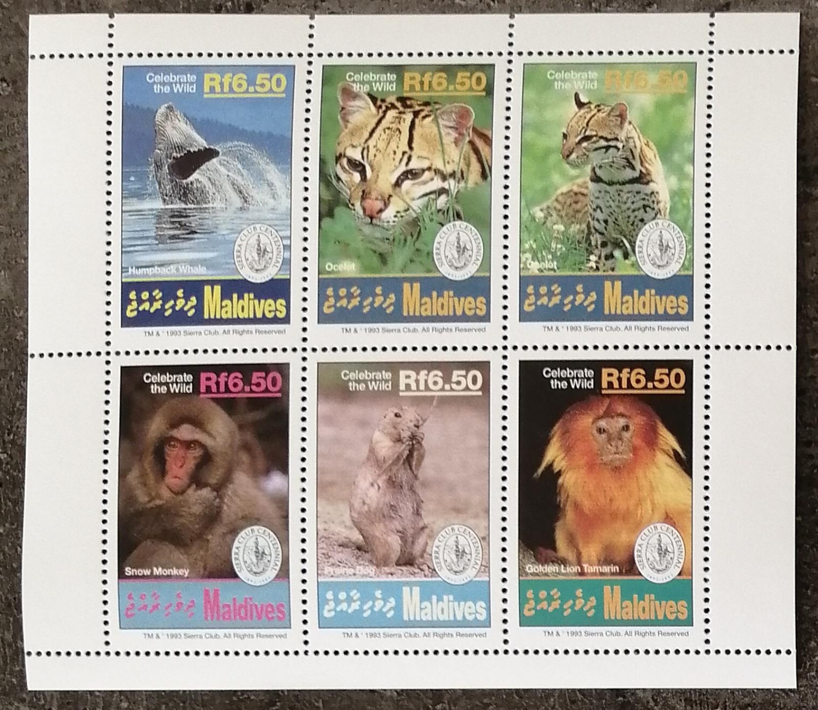 Maledivy 1994 9€ Století Sierra Club, Velryby Kočky, Opice