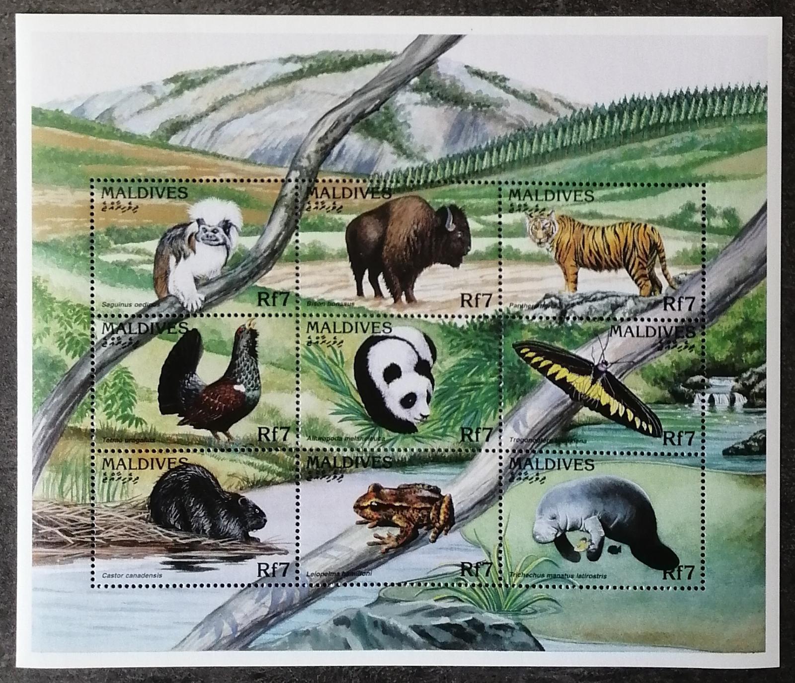Maledivy 1996 Mi.2733-1 14€ Fauna, Panda, Opice, Tygři, Bobři, Žáby