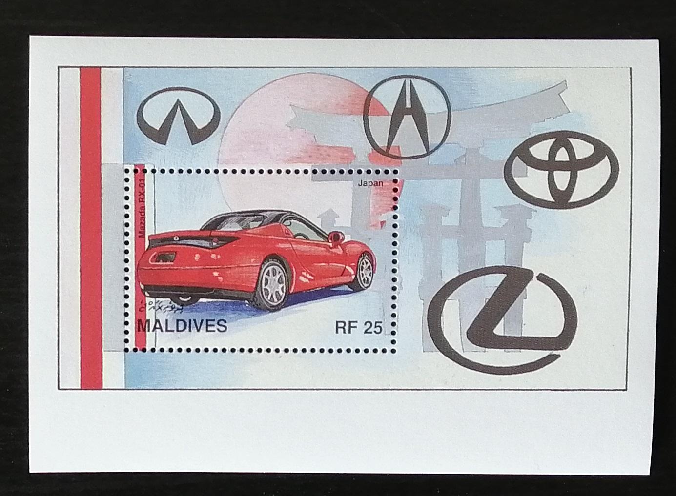 Maledivy 1997 Bl.384 5€ Mazda RX10, auta a doprava