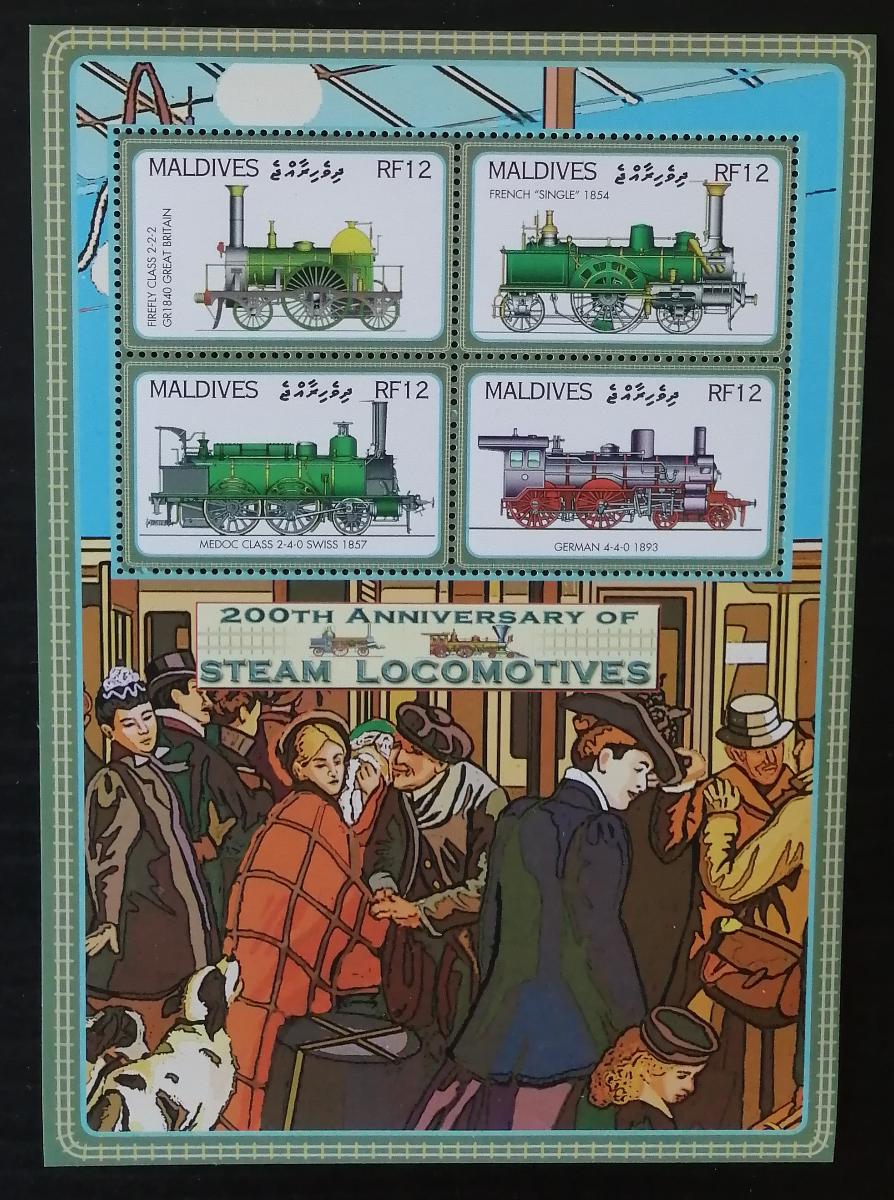 Maledivy 2004 Mi.4338-1 9,5€ 200 let parních lokomotiv, vlaky světa