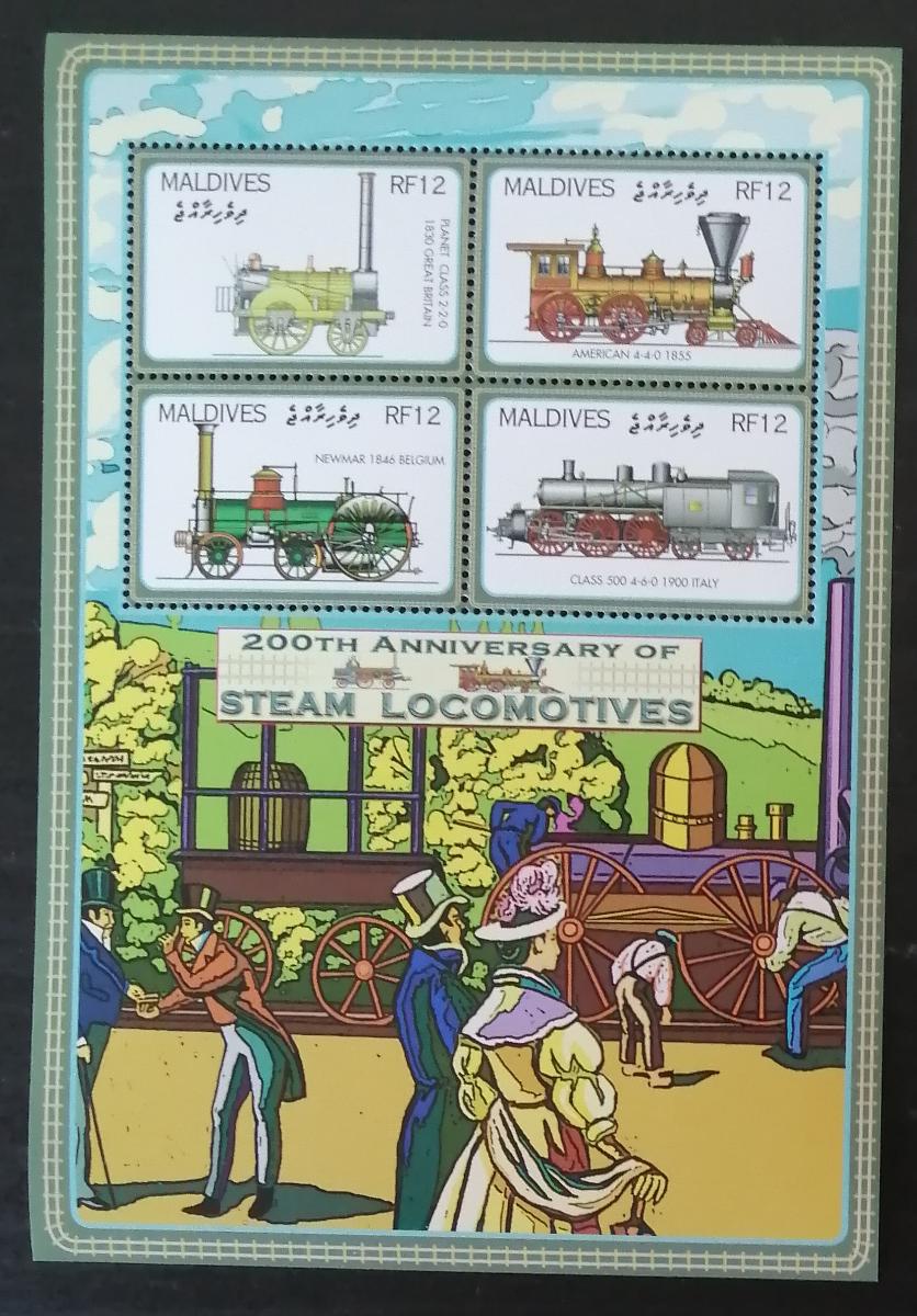 Maledivy 2004 Mi.4342-5 9,5€ 200 let parních lokomotiv, vlaky světa