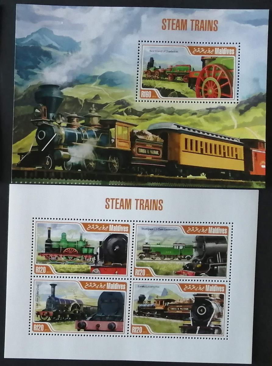 Maledivy 2013 Mi.5038-1+Bl.673 17,5€ Parní lokomotivy a vlaky