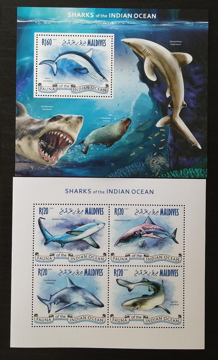 Maledivy 2014 Mi.5188-1+Bl.703 17,5€ Žraloci Indického oceánu, ryby