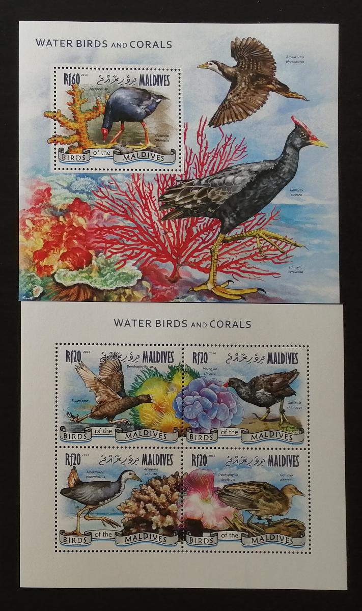 Maledivy 2014 Mi.5455-8+Bl.754 17,5€ Vodní ptáci a korály