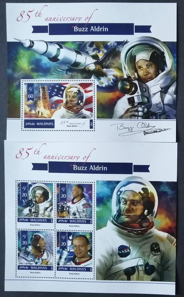 Maledivy 2015 Mi.5739-2+Bl.809 17,5€ 85 let Buzze Aldrina, kosmonaut