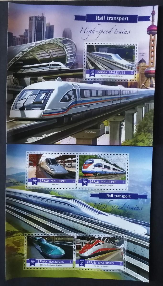 Maledivy 2015 Mi.5870-3+Bl.836 20€ Vysokorychlostní vlaky světa