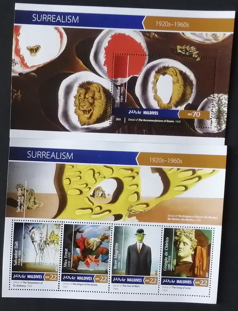Maledivy 2015 Mi.5991-4+Bl.859 20€ Surrealismus, Dalí, Ernst, Chirico