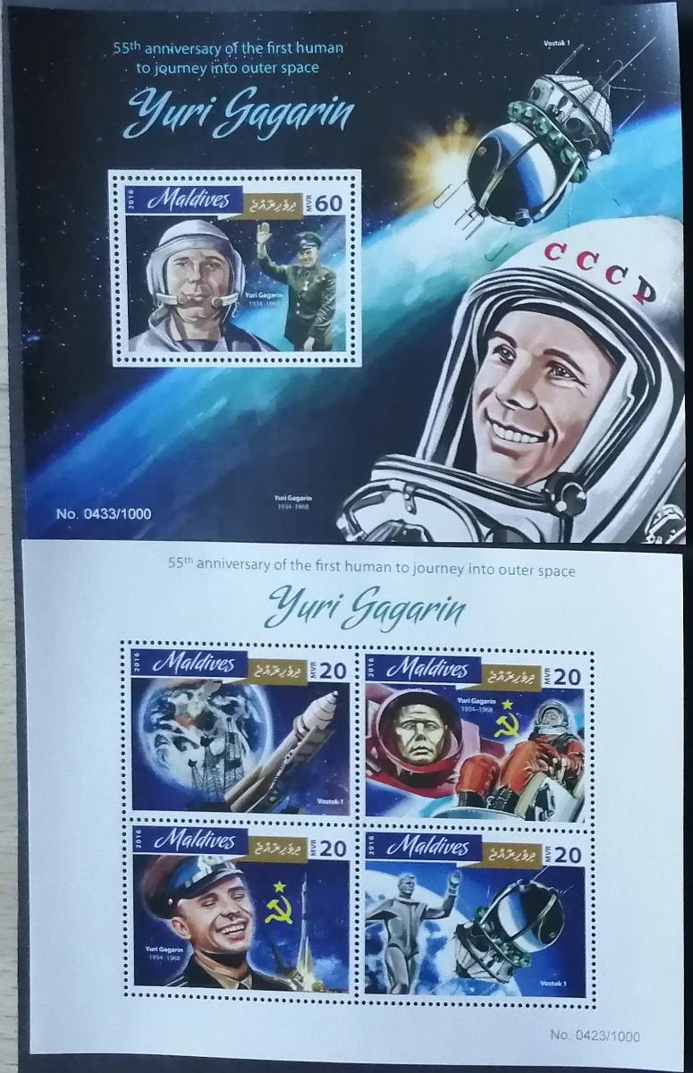 Maledivy 2016 Mi.6275-8+Bl.926 17,5€ 55let letu Gagarina, vesmír