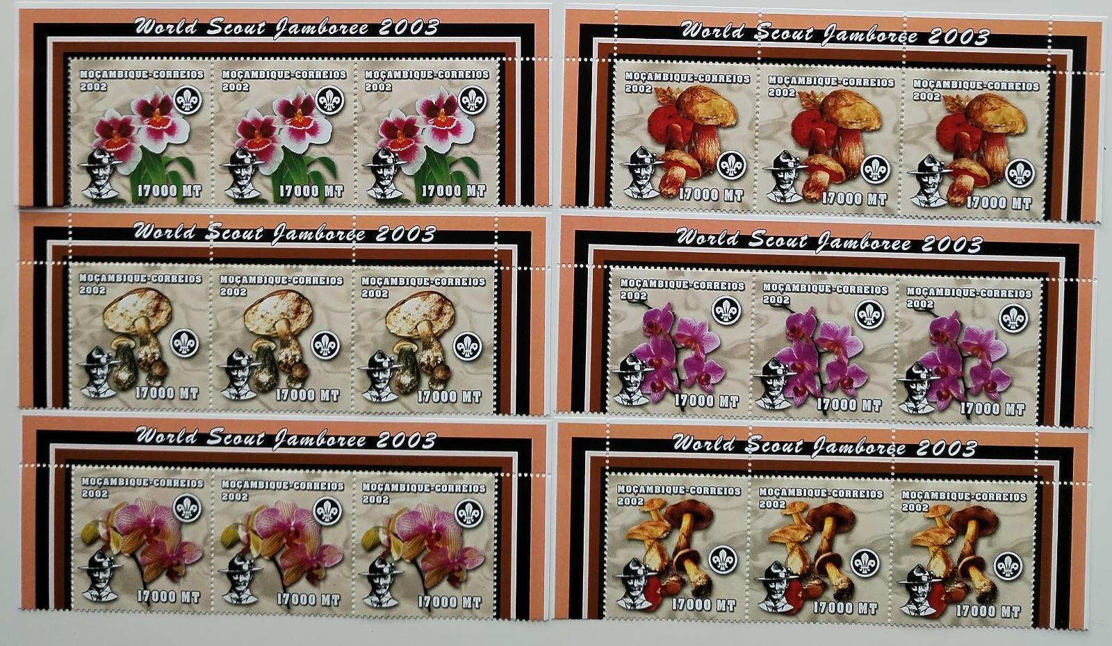 Mozambik 2002 Mi.2464-9 37€ Skautské Jamboree, Orchideje,houby TROJICE